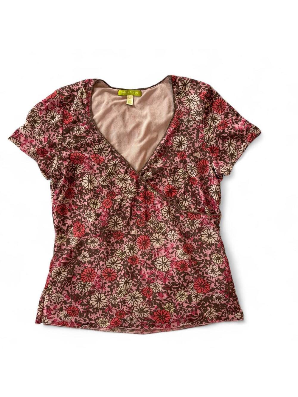 Sigrid Olsen Vintage Mesh Floral Top Petite Medium Pink Brown Y2K